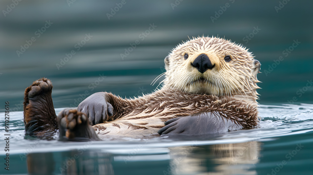Playful sea otter floating on its back in reflective water, paws on chest, wet fur, surrounded by serene and calm ripples Playful sea otter floating on its back in reflective water, paws on chest, wet fur, surrounded by serene and calm ripples