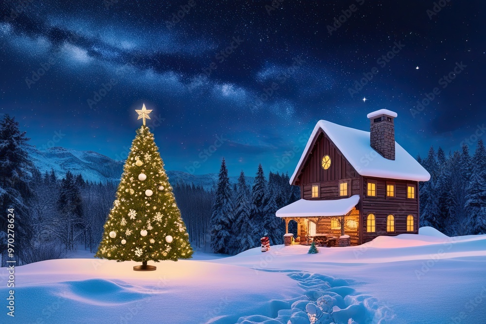 Fototapeta premium Enchanting Winter Scene Featuring Christmas Tree Beneath Starry Night Sky