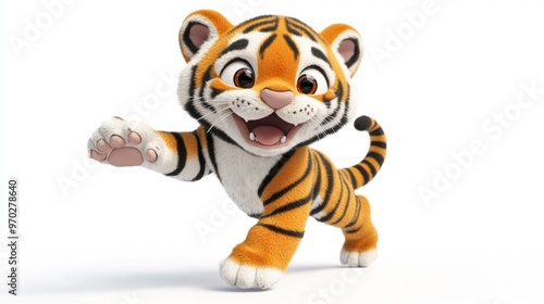 A cheerful, animated tiger cub running playfully with a big smile.
