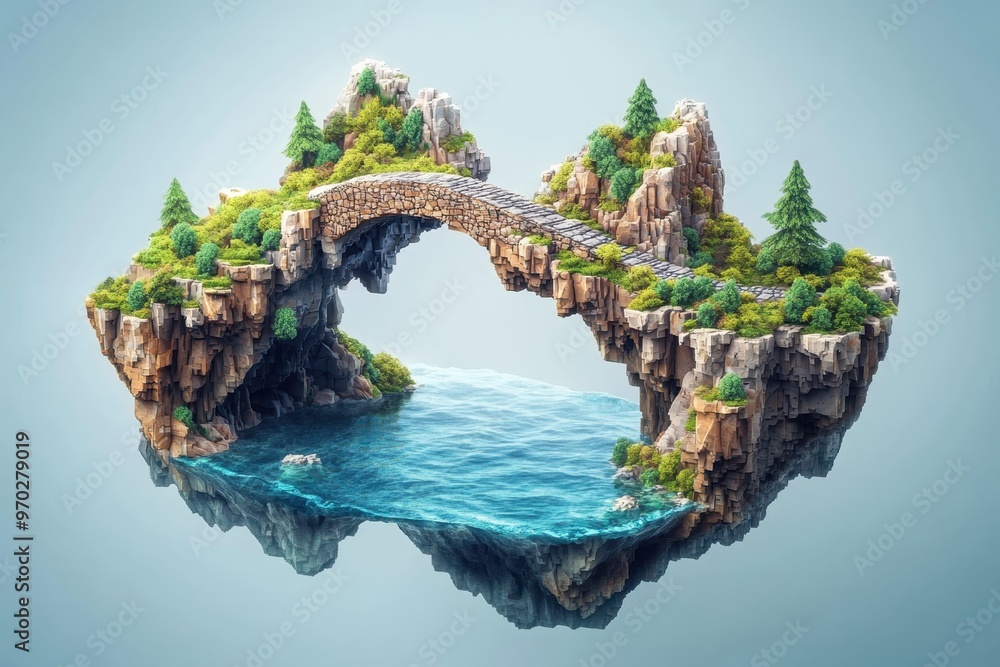 Fototapeta premium Futuristic Pixelated Floating Island with Pixel Bridge on Clear Background for Copy Space