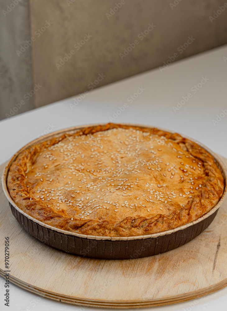 Pie with a golden crust and sesame seeds, resting on a wooden stand. Pie with a golden crust and sesame seeds, resting on a wooden stand.
