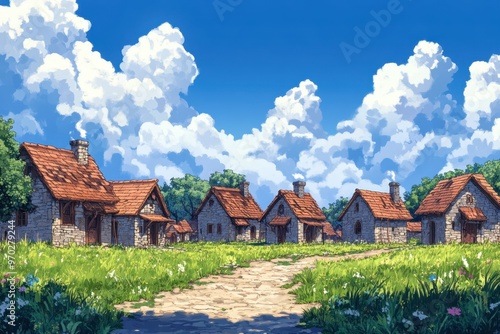 Digital Medieval Village with Stone Houses and Clear Sky Copy Space