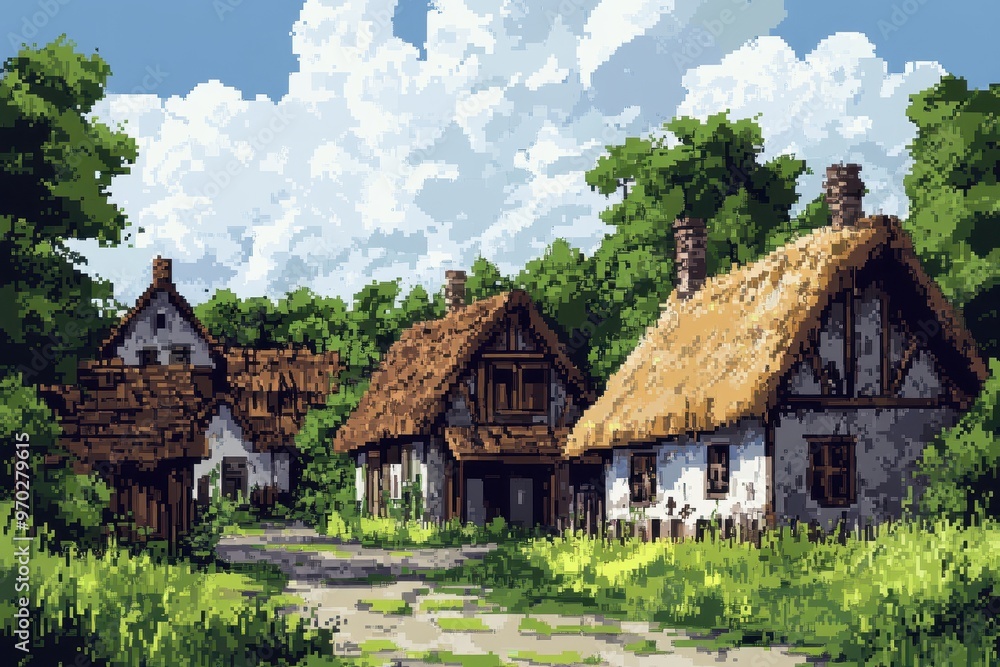 Retro 8-Bit Medieval Village Scene with Thatched Roofs and Copy Space Retro 8-Bit Medieval Village Scene with Thatched Roofs and Copy Space