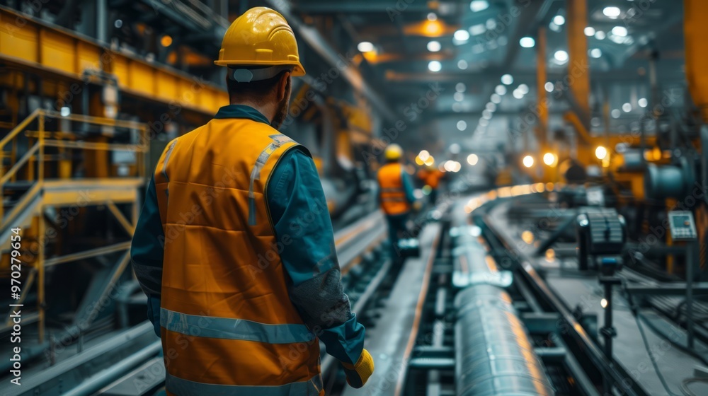 Conveyor belts in an industrial setting, transporting materials through heavy machinery, factory workers guiding the process Conveyor belts in an industrial setting, transporting materials through heavy machinery, factory workers guiding the process