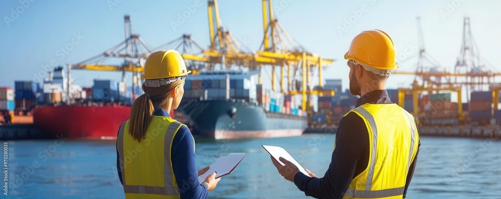 Two logistics partners discussing supply chain efficiency at a busy ...