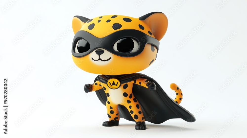 A cute cartoon character resembling a superhero leopard with a cape and mask.