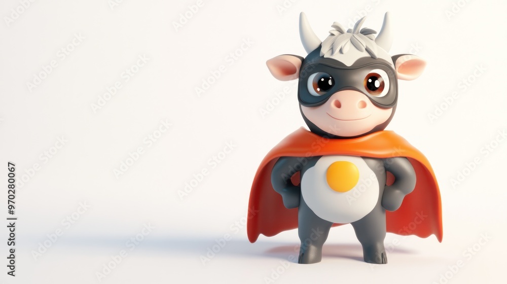 A cute cartoon cow character dressed as a superhero with a cape and mask. A cute cartoon cow character dressed as a superhero with a cape and mask.