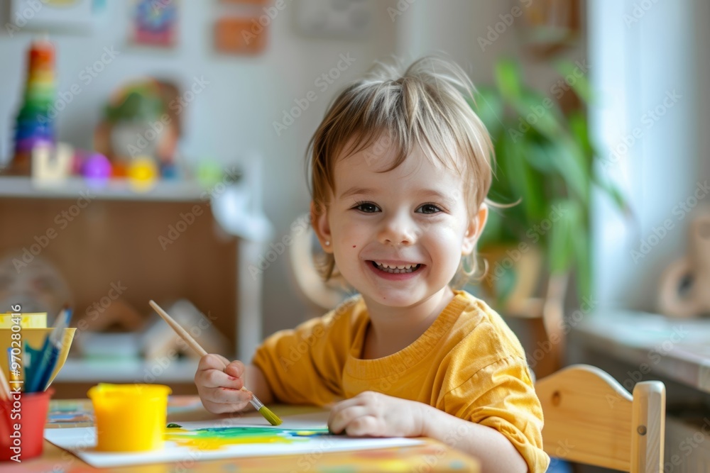 A cheerful child enjoys painting a colorful picture in a bright and airy room during the morning light A cheerful child enjoys painting a colorful picture in a bright and airy room during the morning light
