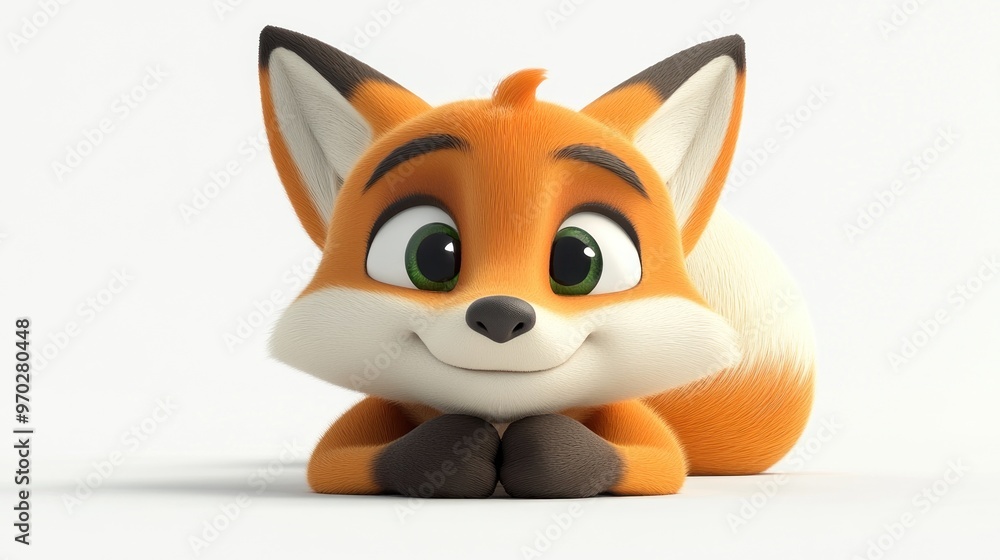 Fototapeta premium A cute cartoon fox character with a friendly expression, lying down playfully.