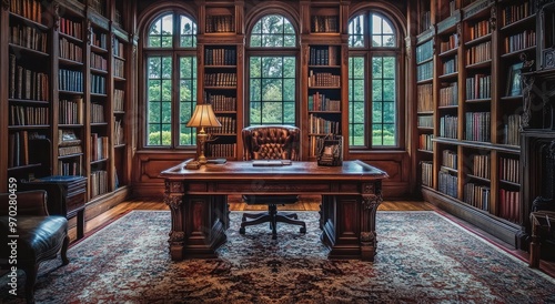 A well-lit, traditional home office with a large mahogany desk, leather chair, and bookshelves filled with books.