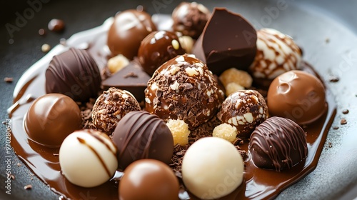 A beautifully arranged chocolate dessert, featuring a variety of chocolate truffles, mousse, and ganache