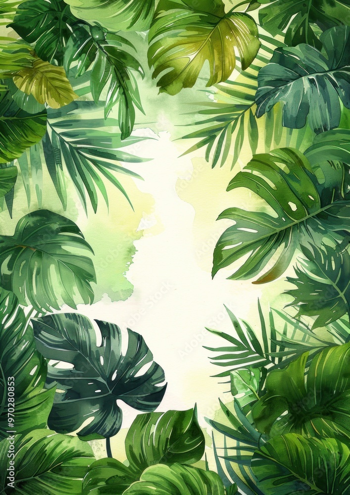 Tropical Watercolor Background with Lush Greenery Tropical Watercolor Background with Lush Greenery
