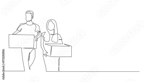 continuous line of husband and wife lifting cardboard boxes. line drawing of husband and wife moving to a new house, apartment, new residence. buying house furniture. line vector illustration