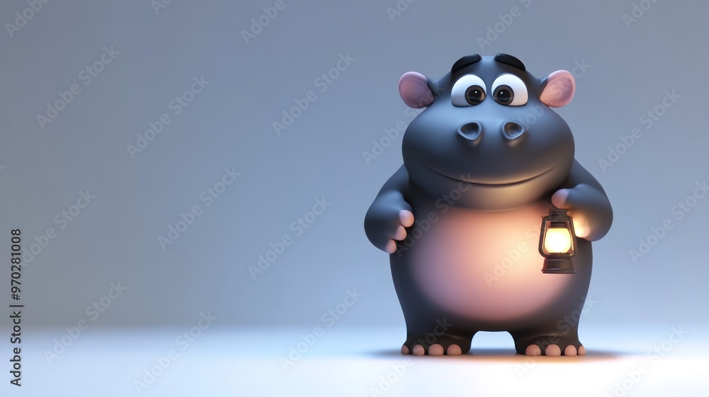 A cute cartoon hippo holding a lantern, set against a soft gradient background. A cute cartoon hippo holding a lantern, set against a soft gradient background.