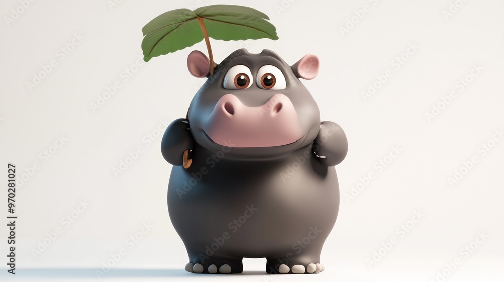 A cute cartoon hippo holding a leaf umbrella, showcasing a playful and cheerful character. A cute cartoon hippo holding a leaf umbrella, showcasing a playful and cheerful character.