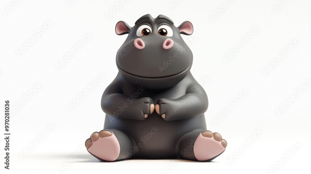Naklejka premium A cute cartoon hippo sitting and looking friendly.