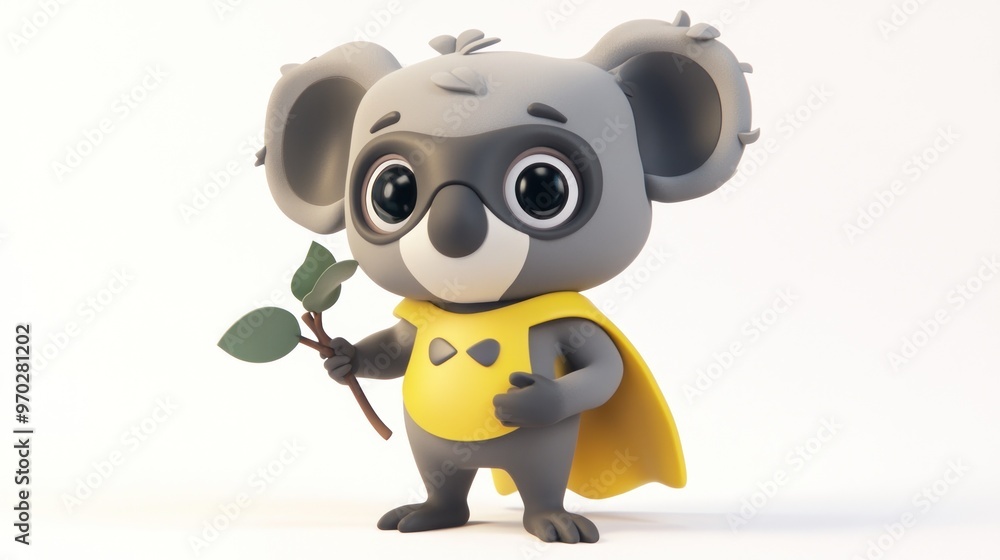 Naklejka premium A cute cartoon koala in a yellow cape holding a leaf, representing a playful character.