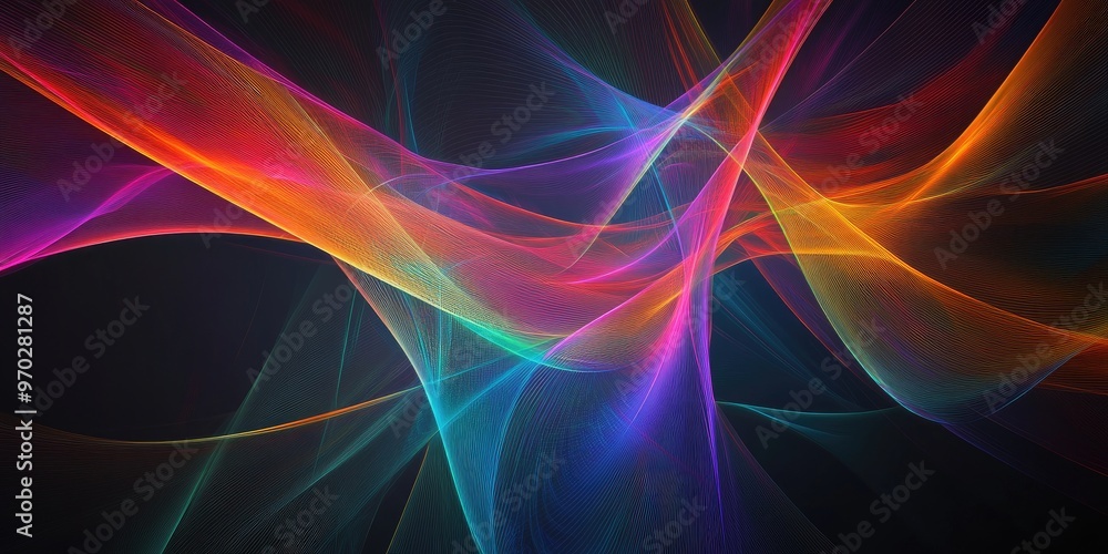 Abstract composition of colorful intersecting lines on a dark background fractal design suitable for covers discs websites banners and advertising digitally created artwork Abstract composition of colorful intersecting lines on a dark background fractal design suitable for covers discs websites banners and advertising digitally created artwork