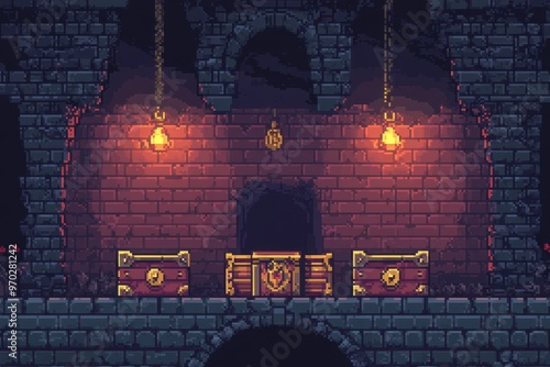 Vintage Pixel Dungeon with Hidden Treasure Chests in Open Space for Text Overlay