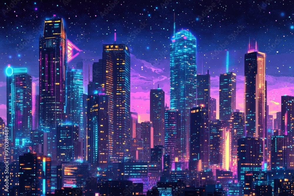 Fototapeta premium Vibrant neon vision of a future metropolis A panoramic view of a cyberpunk inspired cityscape featuring towering skyscrapers illuminated by neon lights under a starry night sky