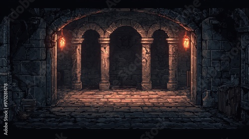 Retro 8-Bit Pixel Dungeon with Dark Corridors and Open Stone Floor for Copy Space