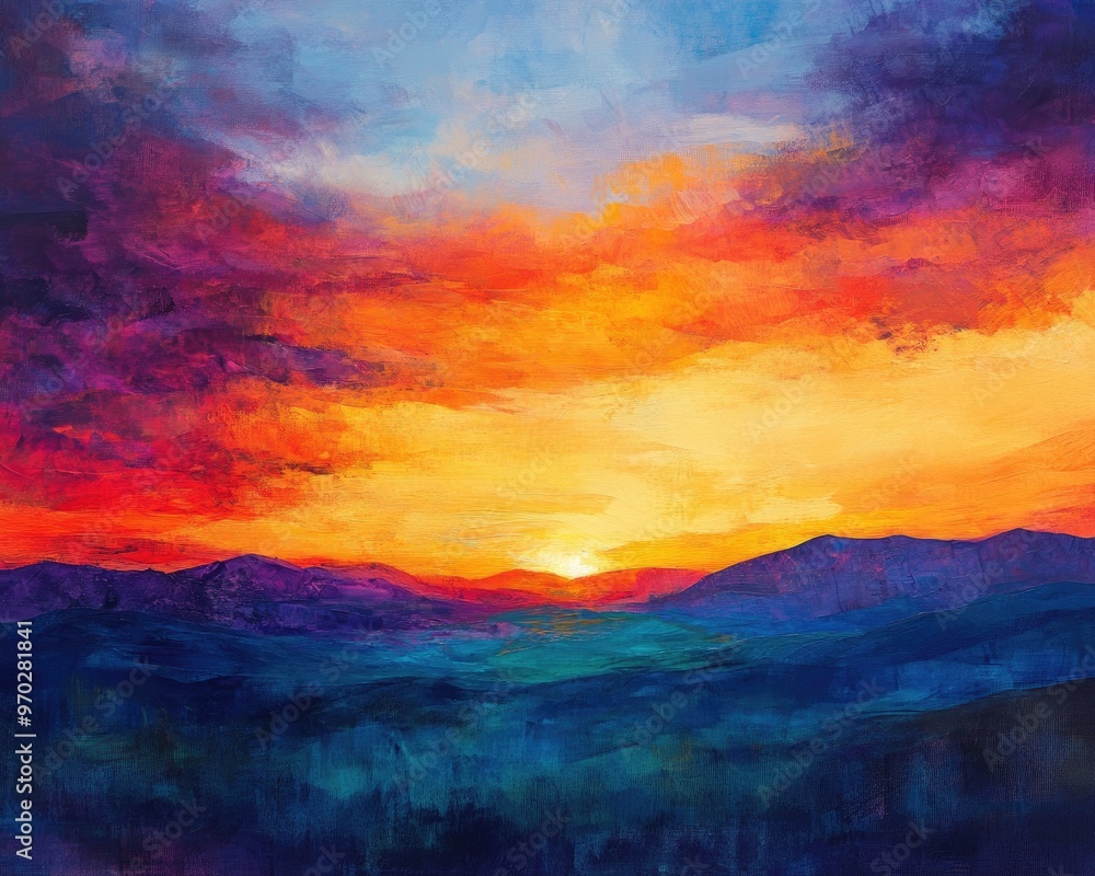 Vibrant sunset with a colorful sky featuring shades of orange purple and blue alongside a stylized morning sky creating a dramatic twilight landscape and a cheerful seasonal backdrop Vibrant sunset with a colorful sky featuring shades of orange purple and blue alongside a stylized morning sky creating a dramatic twilight landscape and a cheerful seasonal backdrop