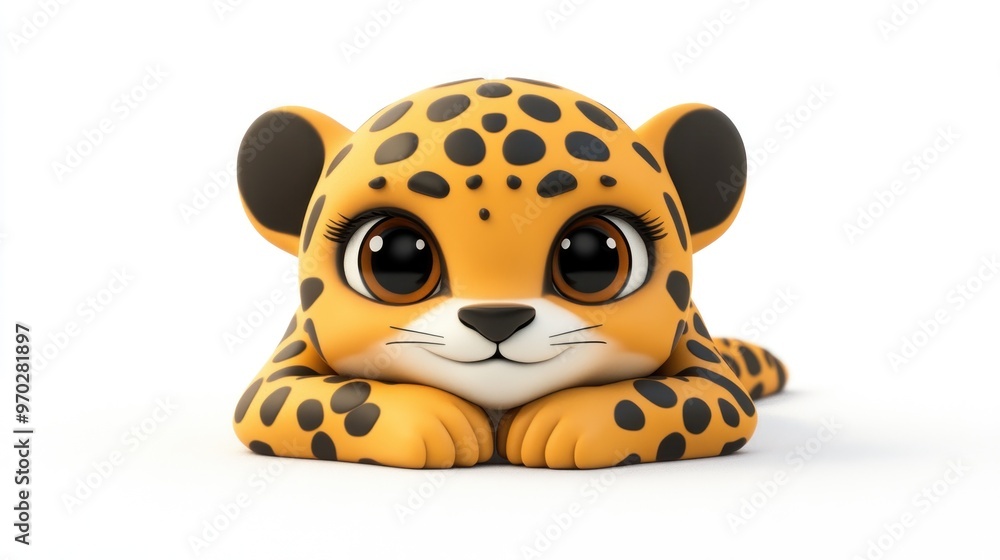 A cute cartoon leopard cub with big eyes, lying down and looking playfully at the viewer. A cute cartoon leopard cub with big eyes, lying down and looking playfully at the viewer.