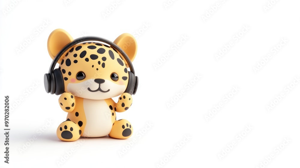 Naklejka premium A cute cartoon leopard wearing headphones, designed for playful enjoyment.