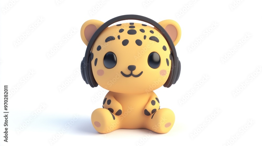 A cute cartoon leopard wearing headphones, sitting and smiling. A cute cartoon leopard wearing headphones, sitting and smiling.