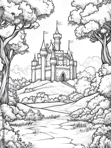 Wallpaper Mural Black and white 2D cartoon fairytale themed search game featuring a medieval castle landscape Find hidden objects in this simple fantasy seek and find activity or coloring page Torontodigital.ca