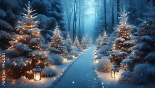 A winter scene featuring a snow covered path winding through a forest adorned with frosted evergreens