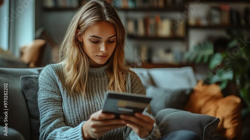 A serene moment of a young woman reading indoors, lost in thought. Cozy atmosphere with warm lighting and home decor.