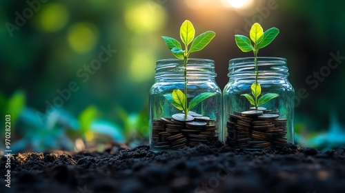 Wallpaper Mural Young plants growing from jars filled with coins, representing financial growth, savings, and investment in a natural environment. Torontodigital.ca