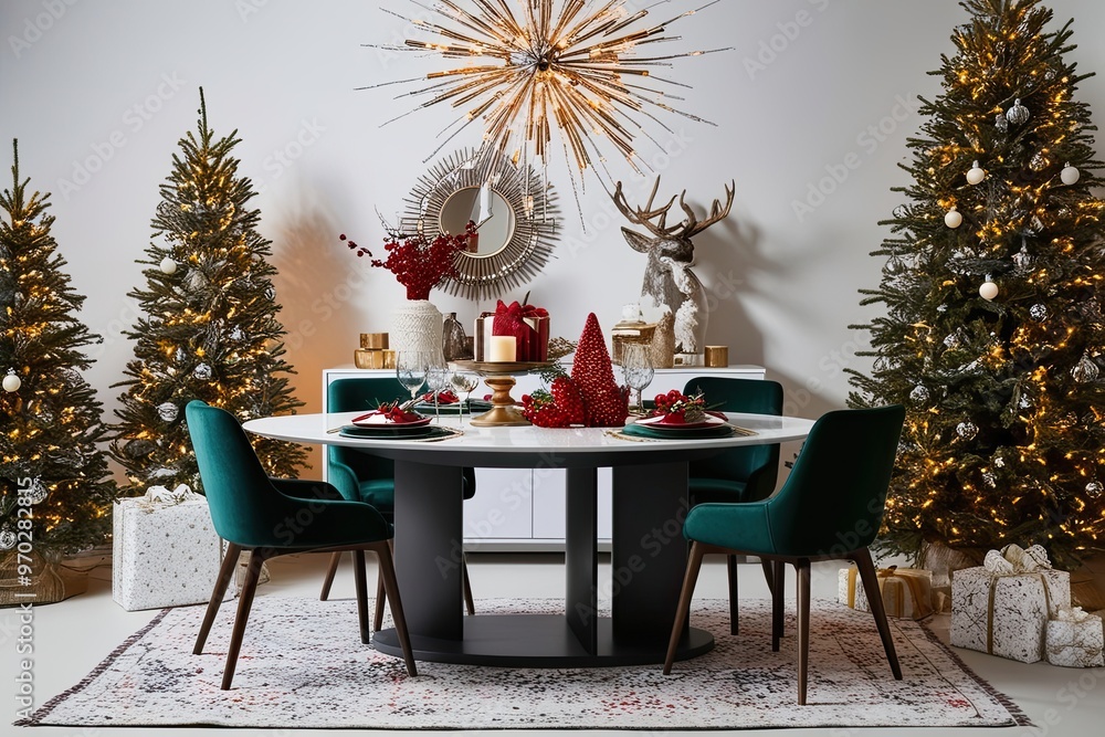 Obraz premium Unique Winter Holiday Decor Featuring Contemporary Tables and Sparkling Christmas Lights