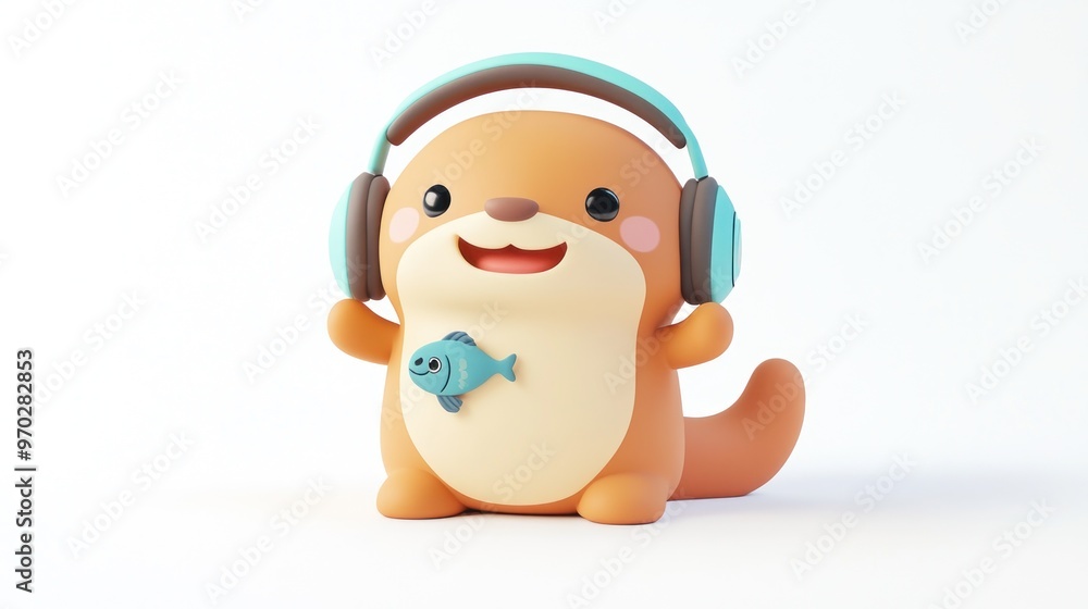 A cute cartoon otter wearing headphones, holding a fish, exuding a playful vibe. A cute cartoon otter wearing headphones, holding a fish, exuding a playful vibe.