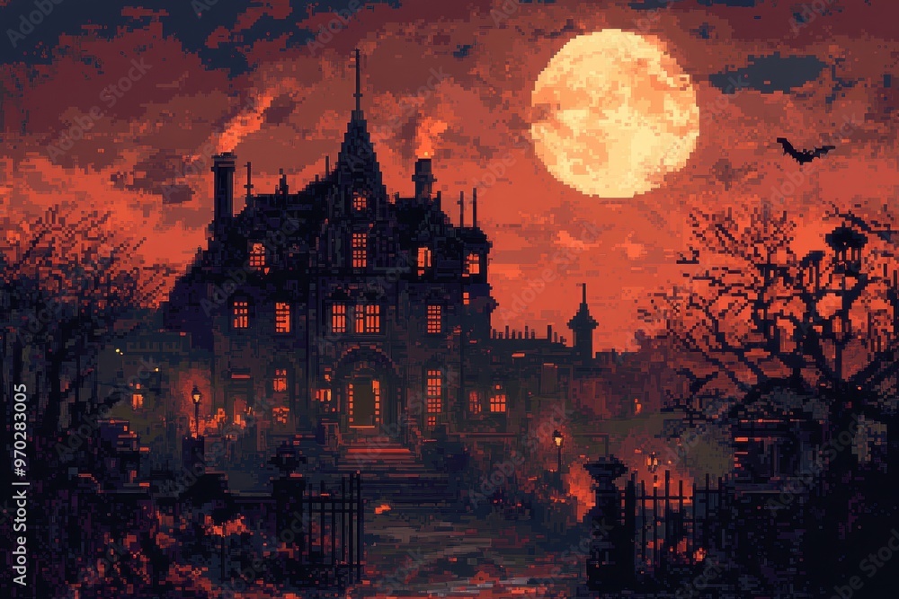 Eerie Pixelated Haunted Mansion with Creepy Cobwebs and Flickering Lanterns under a Full Moon - Spooky Shadows in Retro 8-bit Style Eerie Pixelated Haunted Mansion with Creepy Cobwebs and Flickering Lanterns under a Full Moon - Spooky Shadows in Retro 8-bit Style