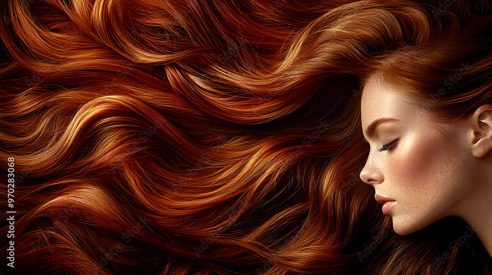 Her hair flows in perfect waves, gleaming under soft lighting, with deep Her hair flows in perfect waves, gleaming under soft lighting, with deep