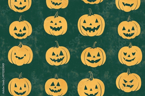 Halloween background pattern showcasing jackolanterns pumpkins and playful bats on a dark background