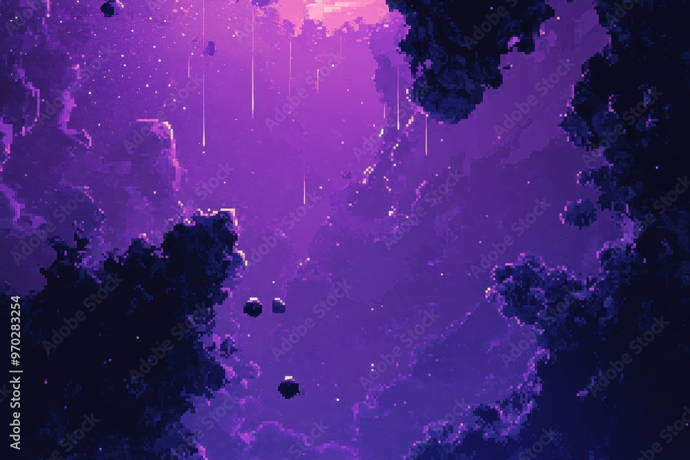 Obraz premium Pixelated Cosmic Journey: Stellar Planets, Orbiting Satellites, and Galaxies in Outer Space