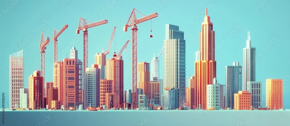 Obraz premium 3D illustration depicting the construction progress against a backdrop of skyscrapers