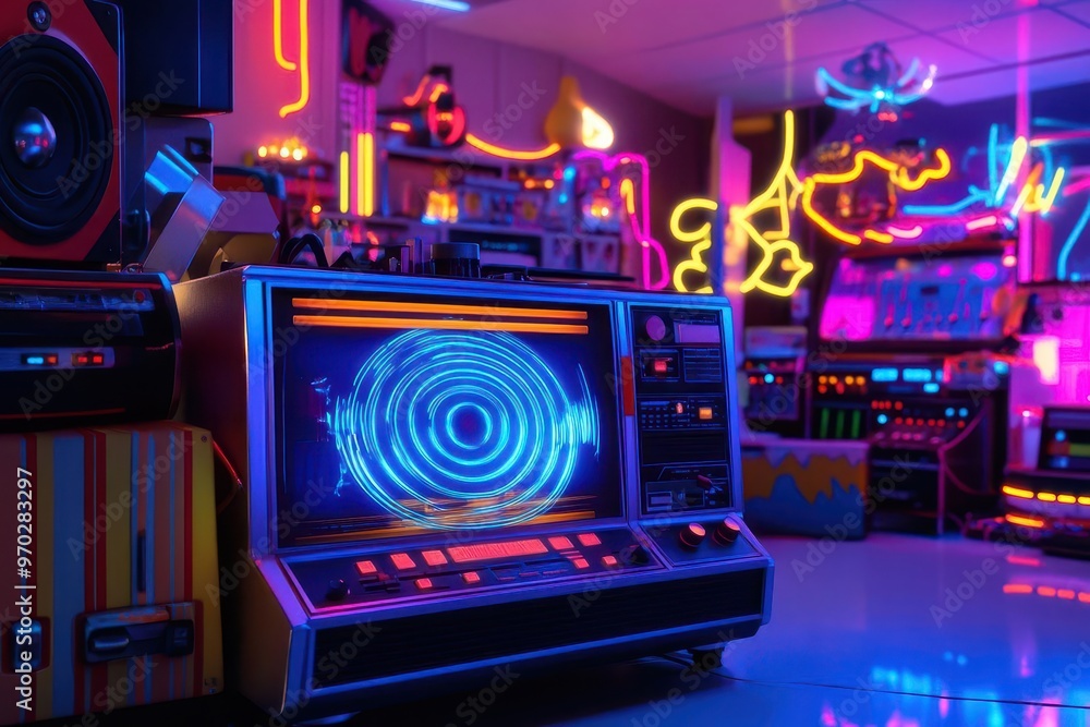 Colorful retro arcade room with neon lights and vintage gaming equipment creating a vibrant and nostalgic atmosphere.