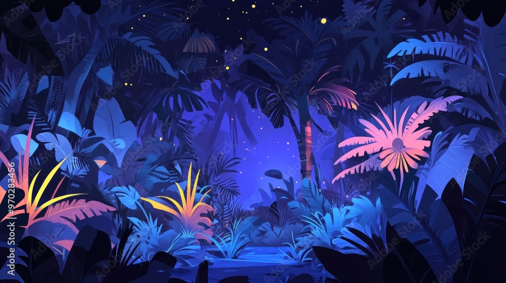 Flat illustration depicting a nocturnal jungle scene Flat illustration depicting a nocturnal jungle scene