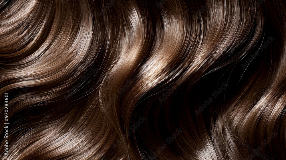Fototapeta premium Her hair flows in soft, smooth waves, with a natural sheen and deep brunette color, reflecting light and emphasizing the rich texture