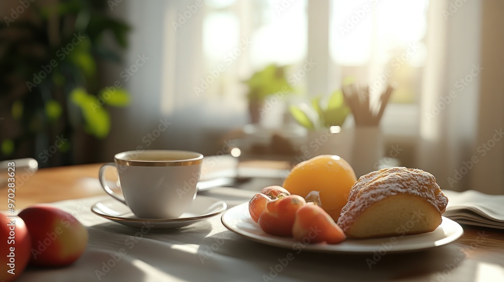 custom made wallpaper toronto digitalSimple breakfast with cake, fruit and coffee on the table
