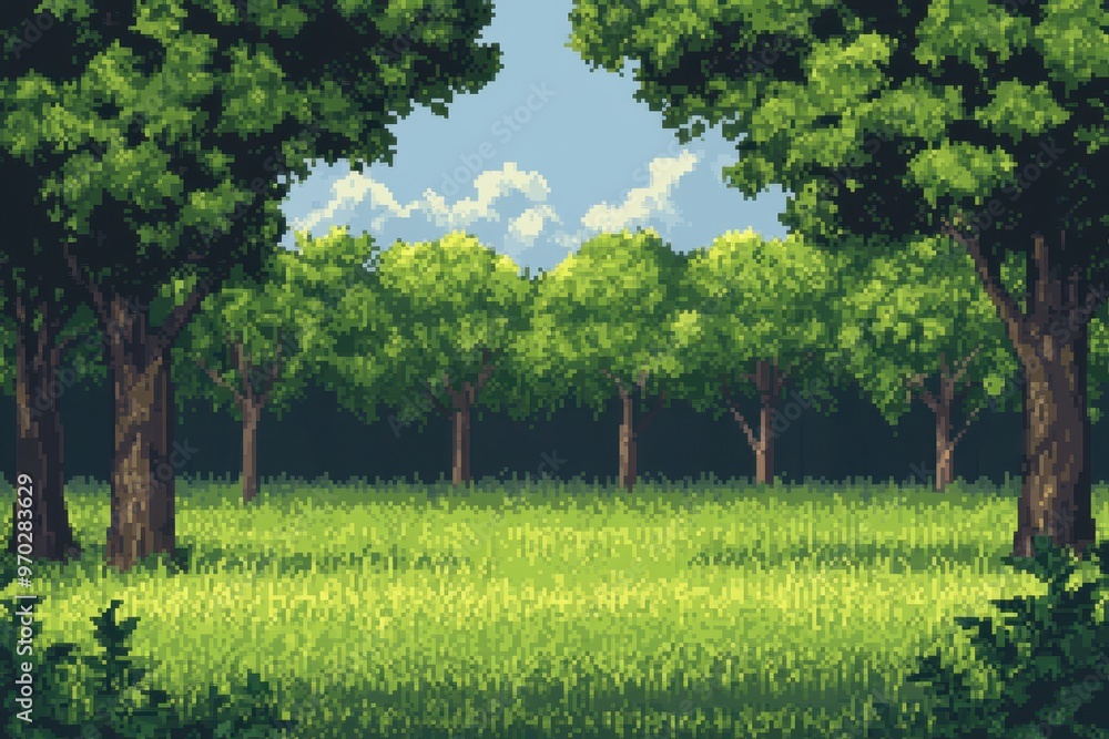 Fototapeta premium Retro 8-bit Pixel Forest Scene with Tall Trees and Clear Sky Copy Space
