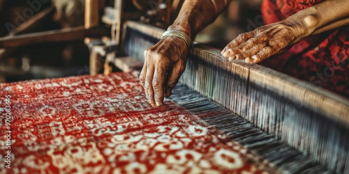 Artisan weaving traditional Indian clothing by hand, focus on detailed patterns and textures, natural light photo