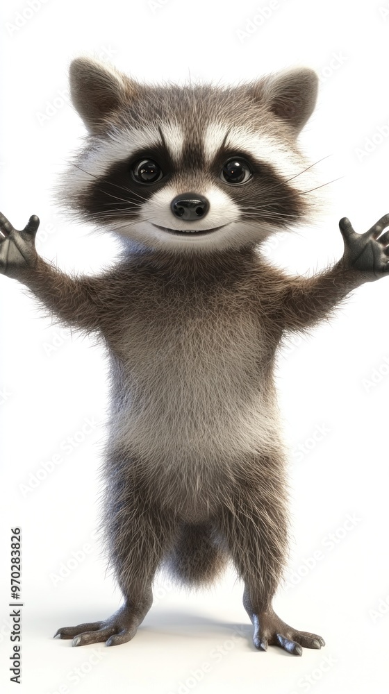 A cute cartoon raccoon character standing with its arms raised, looking playful and friendly. A cute cartoon raccoon character standing with its arms raised, looking playful and friendly.