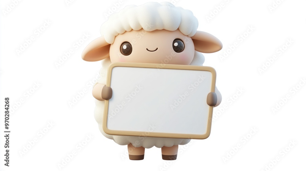 Fototapeta premium A cute cartoon sheep holding a blank sign, ready for a message or announcement.