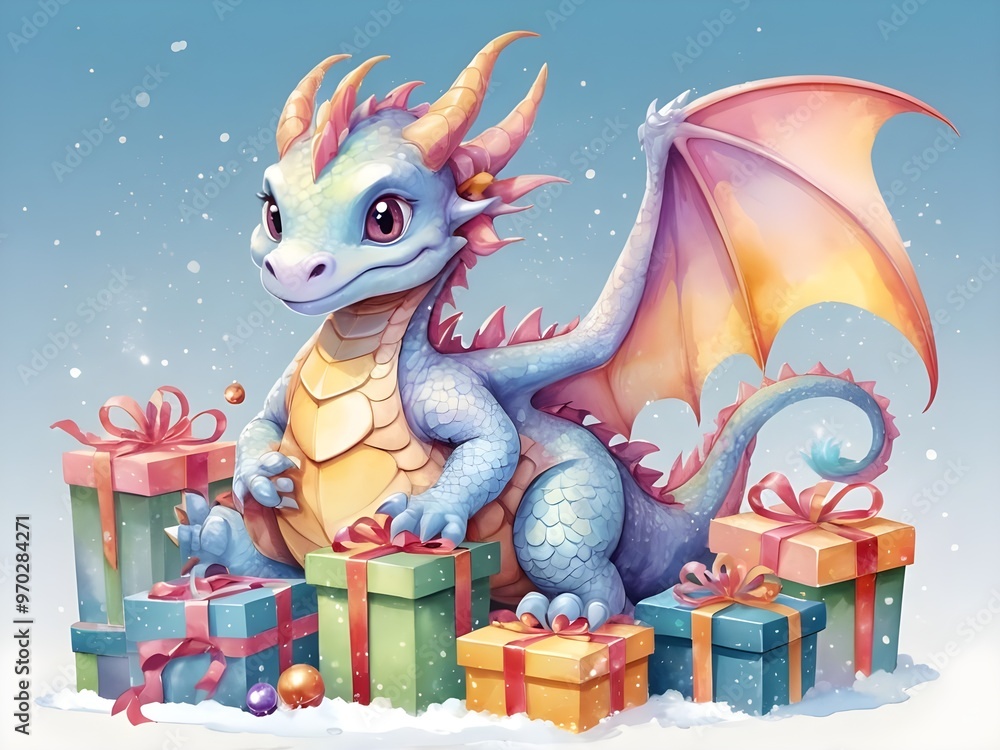 abstract pastel Fantasy cute dragon with gifts christmas watercolor Cartoon dragon New Year illustration abstract pastel Fantasy cute dragon with gifts christmas watercolor Cartoon dragon New Year illustration