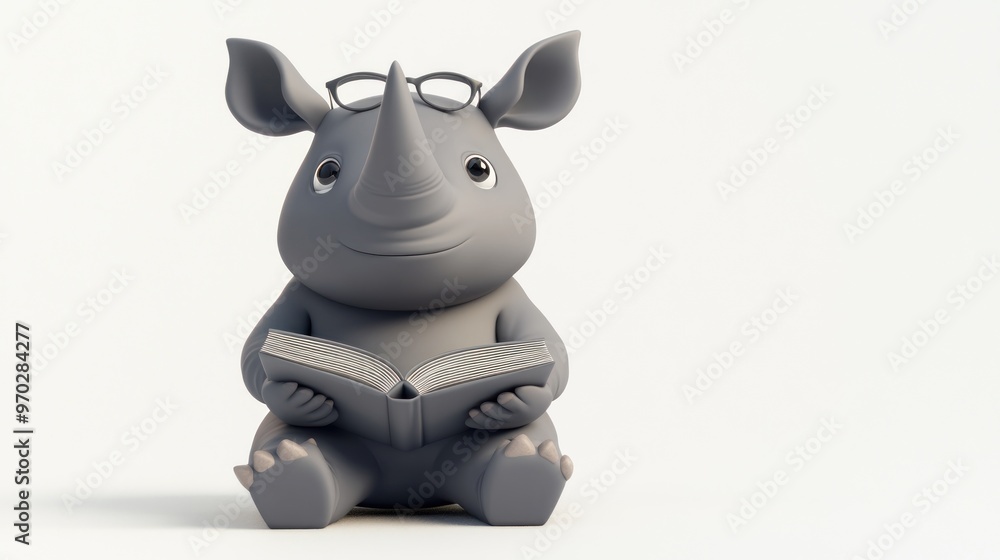 A cute cartoon rhinoceros with glasses reading a book. A cute cartoon rhinoceros with glasses reading a book.